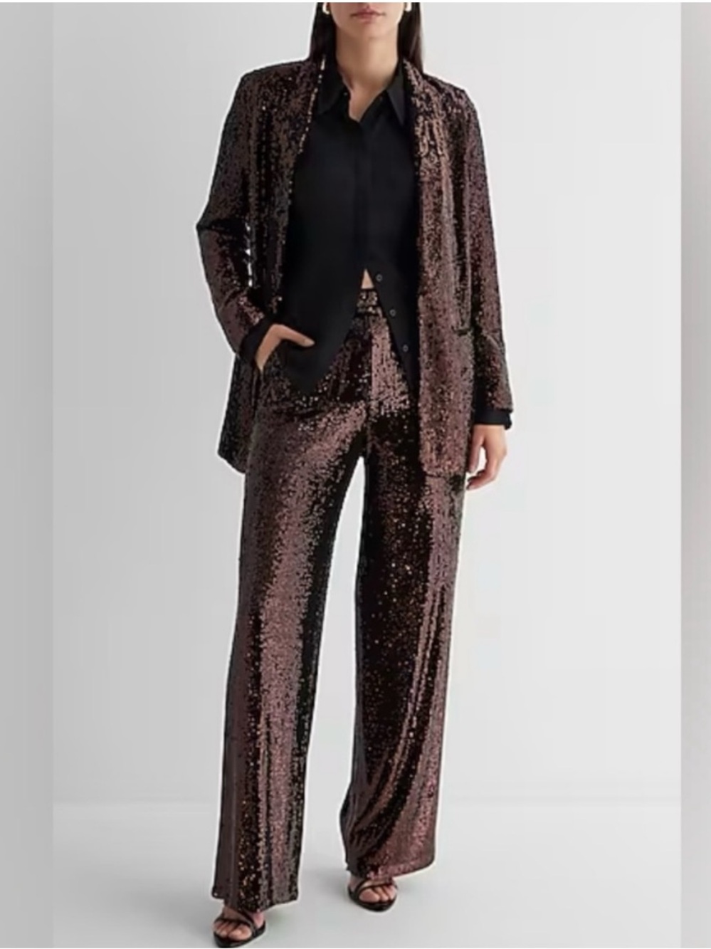 Express Brown Sequin Oversized Blazer High Rise Wide Leg Pant Set Small 6